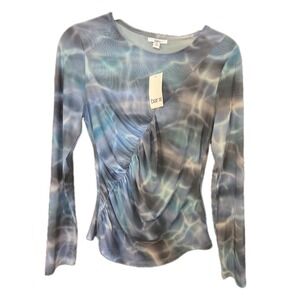 Bar III Blue and Gray Abstract Ruched Long Sleeve Blouse